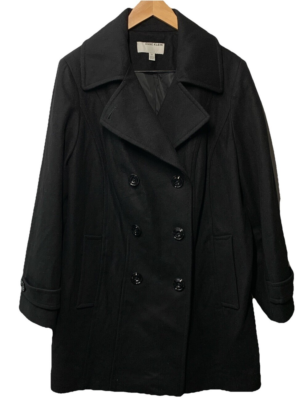 Anne Klein Women's Classic Double Breasted Wool Coat Long Sleeve Size 1X Black